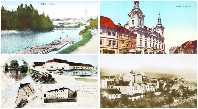 pohlednice Pisek kasarna most namesti hrad radnice Ostrov - pohlednice, známky, celistvosti